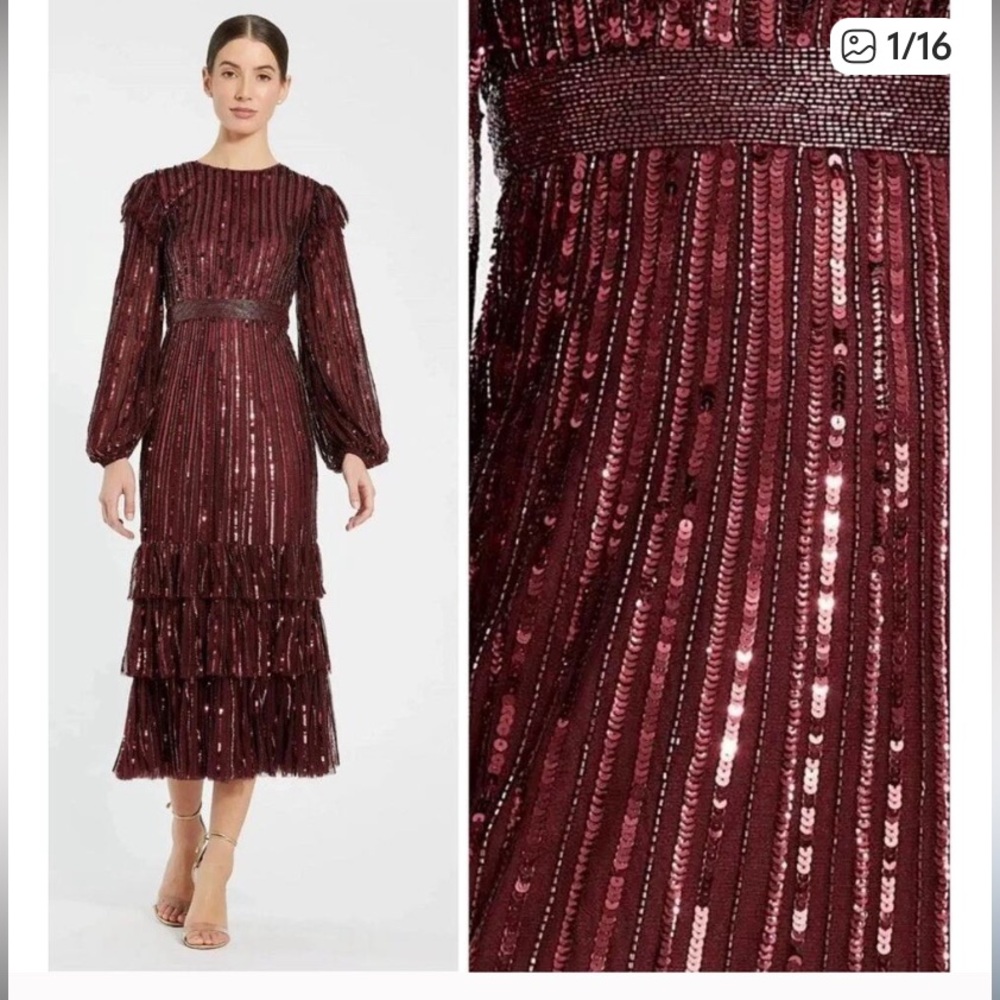 Mac Duggal Burgundy Sequin Long Sleeve Dress